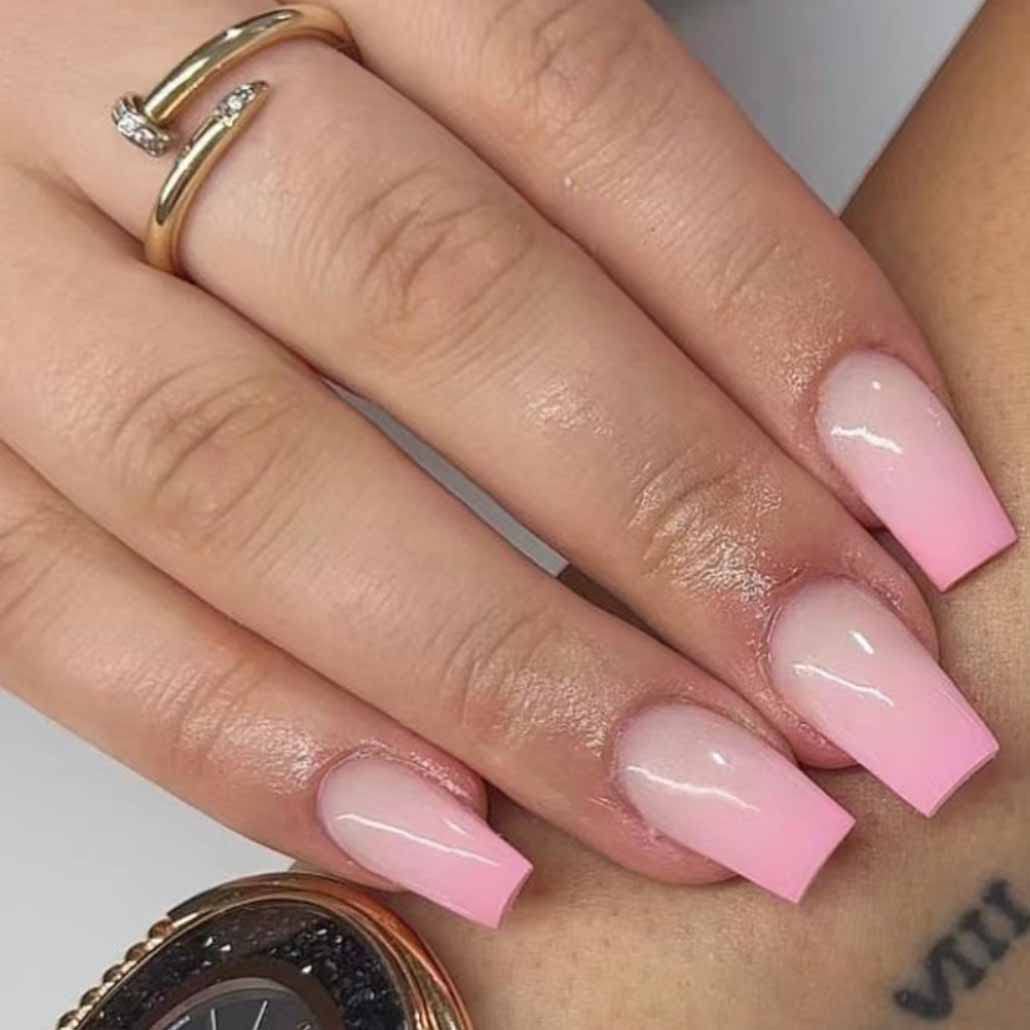 Foccna 24pcs Pink Fake Nails Gradient Coffin Glossy Press on Nail False Tips Medium Length Artificial Finger Manicure for Women and Girls