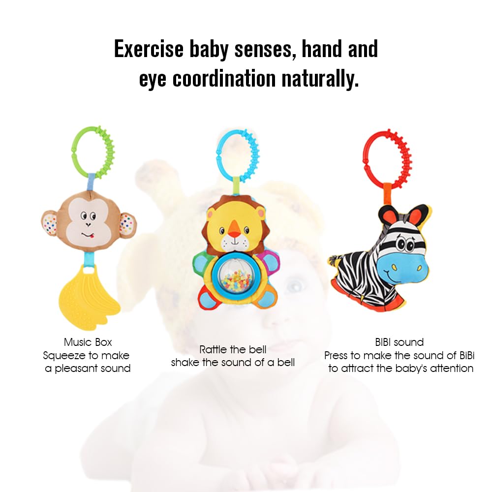 willway Adjustable Baby Travel Play Arch, Detachable Activity Musical Animal Toys Mobile for Bassinet Crib Stroller Pram Car Seat Mobiles Width Among 11.6-20.2 Inch with Rattles BB Squeaker Teether