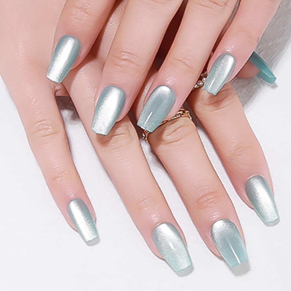 evpct Cat Eye Coffin Press on Nails Medium Square No Glue, Stick on Nails Medium Square for Women, Teal Light Blue Green Metallic Glitter Glossy Reusable Stick Acrylic Fake Press on Nail with Designs