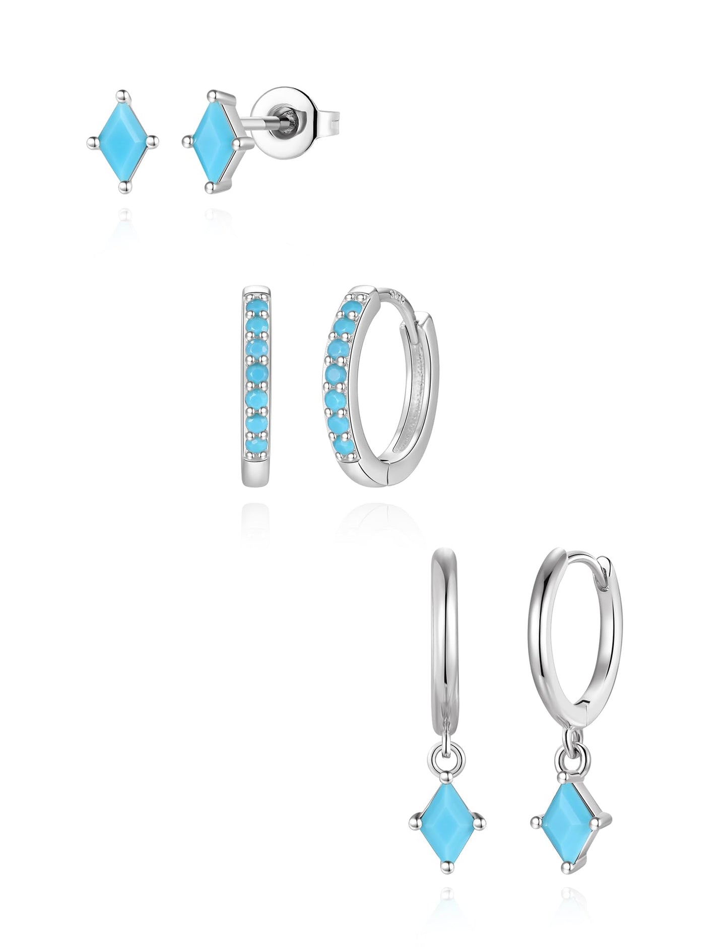 3 Pairs Silver Turquoise Earrings Set for Women, Dainty Sterling Silver Hypoallergenic Turquoise Dangle Hoop Earring, Trendy Small Silvers Earring Stack, Western Earrings Turquoise Jewelry Gifts