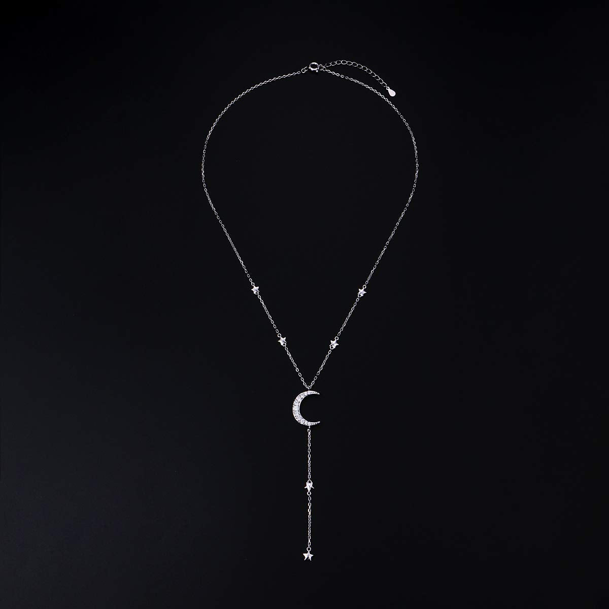 Ladytree S925 Sterling Silver Crescent Moon and Star Celestial Jewelry CZ Y Necklace Rolo Chain 18 inches to 20 inches