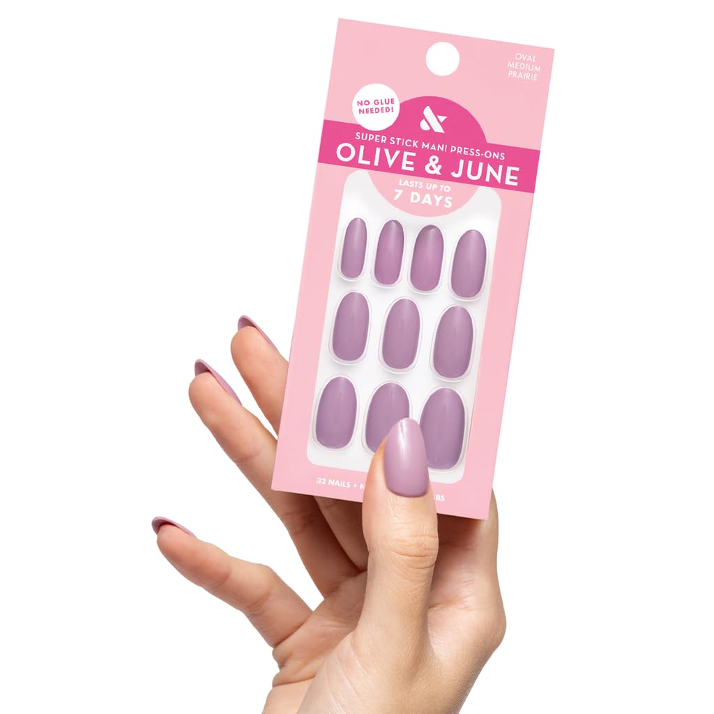 Olive & June Classic Super Stick Mani Press On Nails | No Glue Needed | 32 Tab Nails 16 Sizes | Non-Toxic Tabs Easy On-Off Non-Damaging Realist Look | 7-Day Wear | Medium, Oval | Prairie Lavender