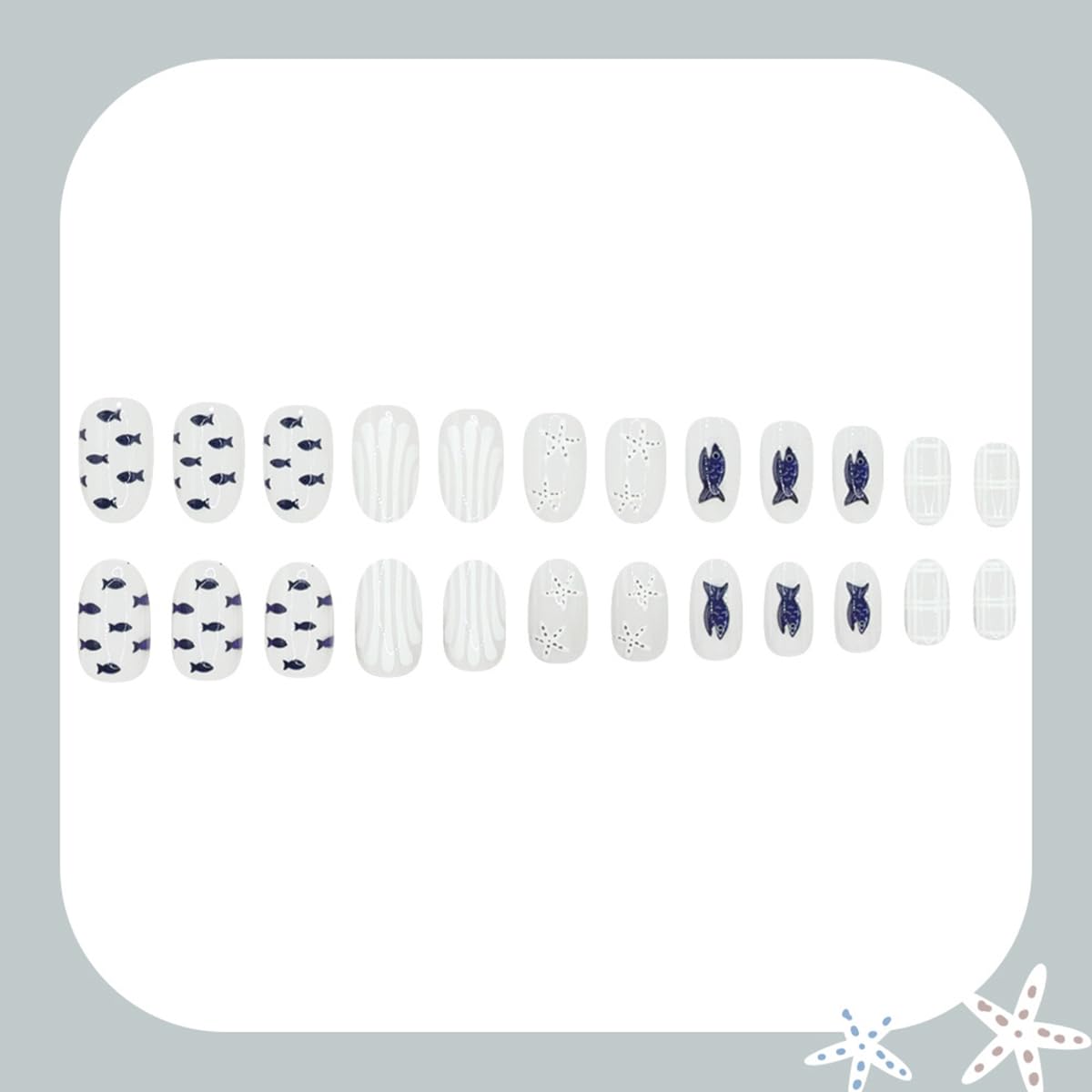 24 Pcs Summer Ocean Press on Nails Short Oval WLGDLH Fake Nails, White False Nails Press ons with Blue Small Fish Starfish Striped Design, Glue on Nails for Women Manicure, Glossy Finish