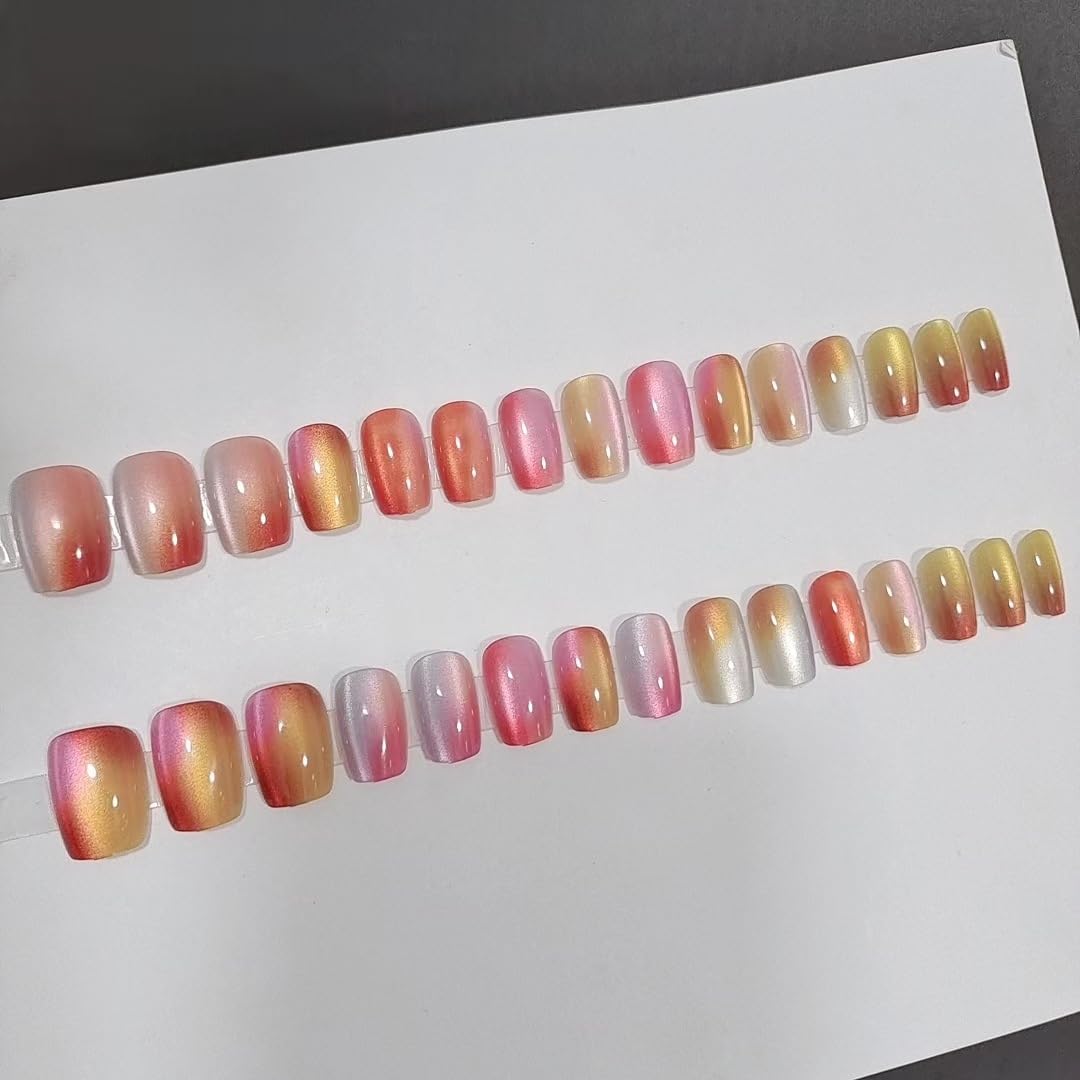 Square Press on Nails Short Colorful Fake Nails Rainbow False Nails for Ca Eye, Ombre Press on Nails with Desins Gradation Glitter Glue on Nails for Women Girl 24Pcs