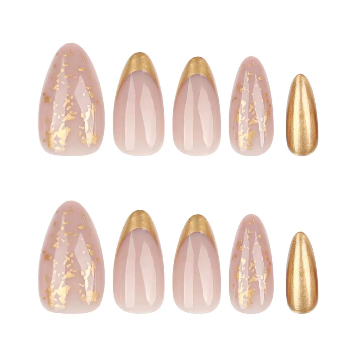 CTTHNBD Press on Nails Almond - Gold French Tip Fake Nails with Glitter Design - Medium Stick on False Nails - for Women - 24 Pcs