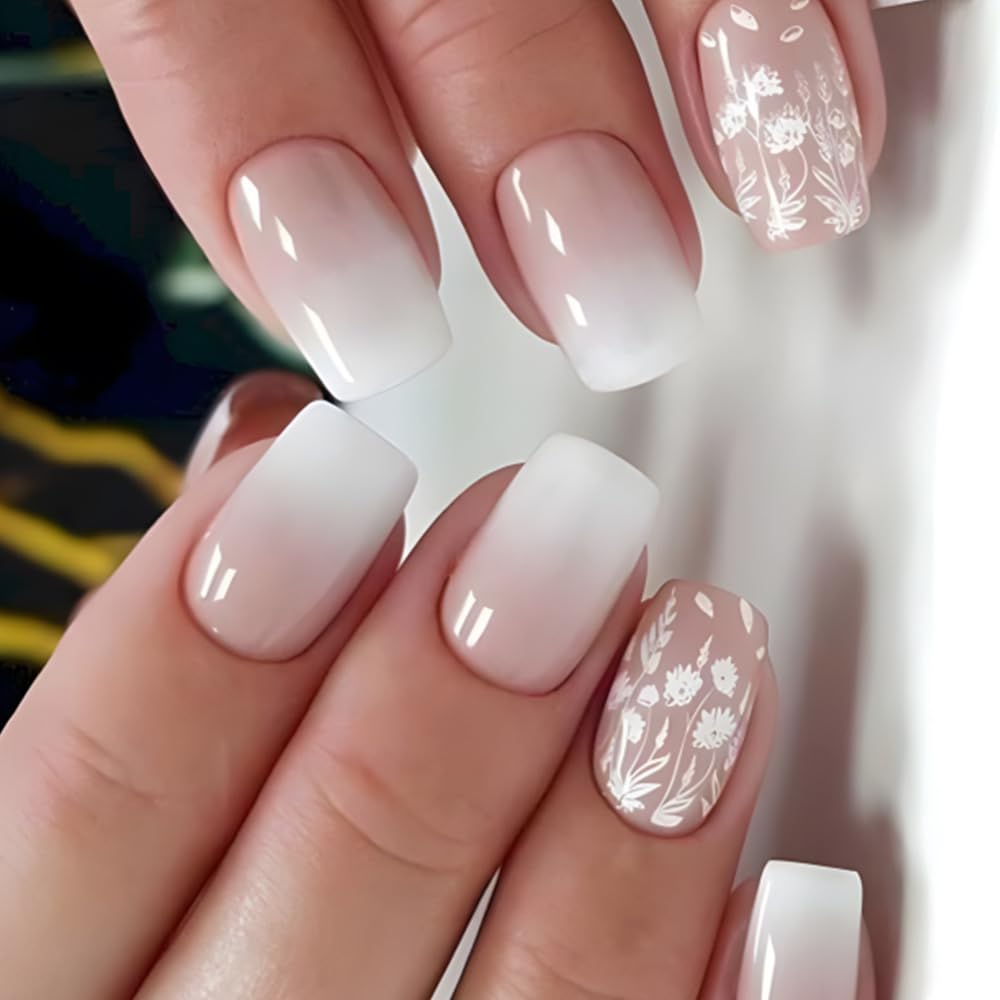 White Gradient Press-On Nails Short Square False Nails with Flower and Leaf Design Glossy Nude Gradient Nail Art Stickers for Women Girls DIY Nail Art Decoration 24 Pieces