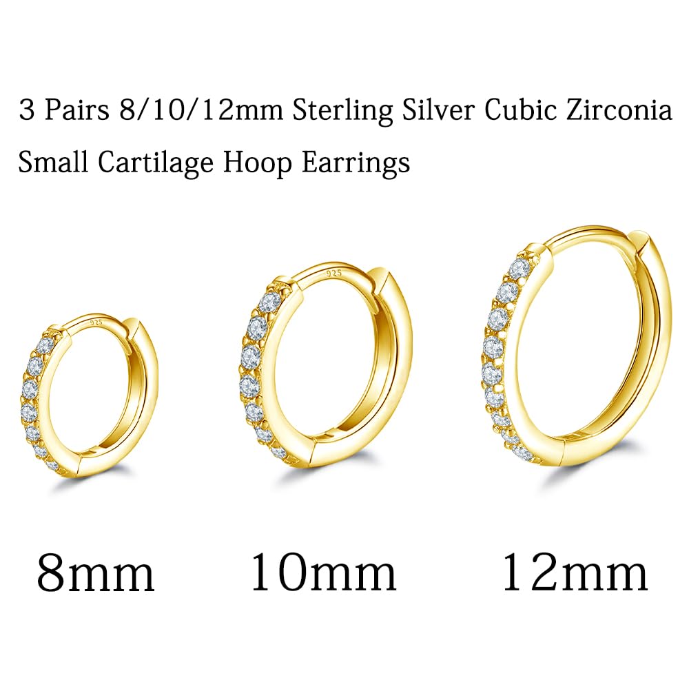 Cartilage Earring Hoop Sterling Silver Small Hoop Earrings Gold Plated Cubic Zirconia Cuff Huggie Hoops Earrings Piercing for Women 8mm 10mm 12mm