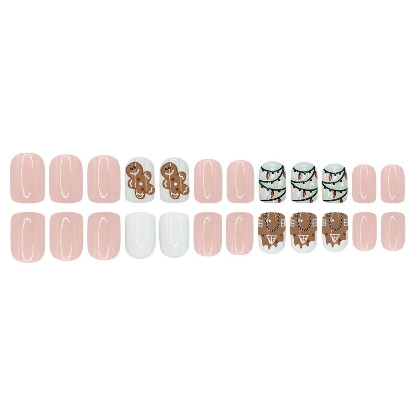 Christmas Press on Nails Short Square Gingerbread Man Fake Nails，Cute White Pink Xmas Gingerbread Snowhouse Lantern Acrylic Nails Glue on Glossy Artificial Nail for Women 24 Pcs