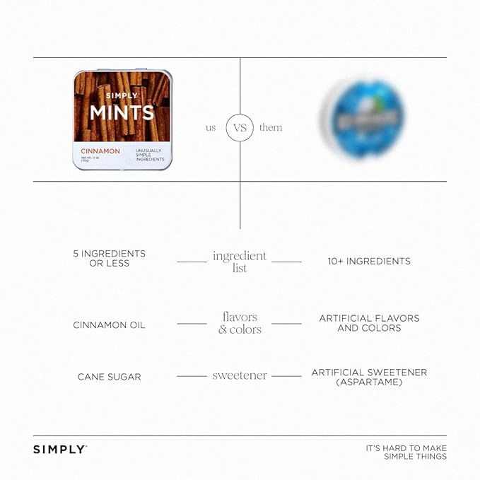 SIMPLY Mints | Cinnamon Breath Mints | Pack of Six (180 Pieces Total) | Breath Freshening + Aspartame-Free + Vegan + non-GMO