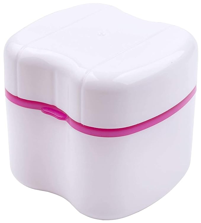 Denture Case,Denture Cups Bath, Toothbrush with hard denture, Dentures Container with Basket Denture Holder for Travel,Mouth Guard Night Gum Retainer Container (Pink)