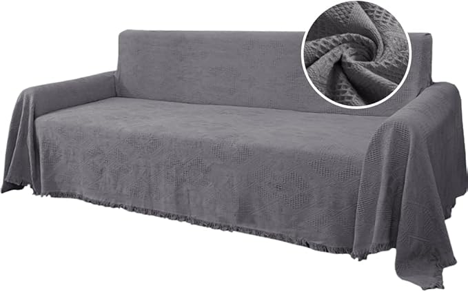 H.VERSAILTEX Cotton Sofa Covers Couch Cover Sofa Slipcover for Most Shape Sofas, Feature Thick Woven Jacquard Seamless with Tassels, Multi-Use Decorative for Couch (X-Large: 71" x 118", Grey)