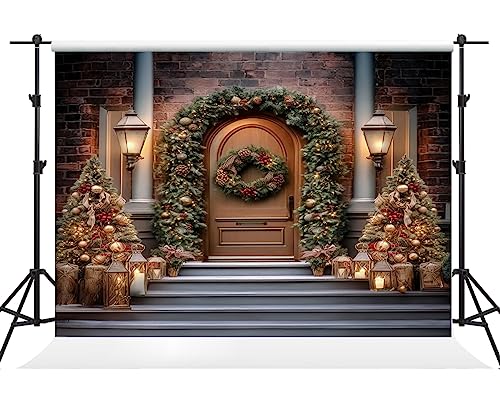 Kate 10×10ft Christmas Backdrop Photography Xmas Empty Room Brown Door Christmas Tree Wreath Decoration Background Studio Props for Family Gathering Photo Video