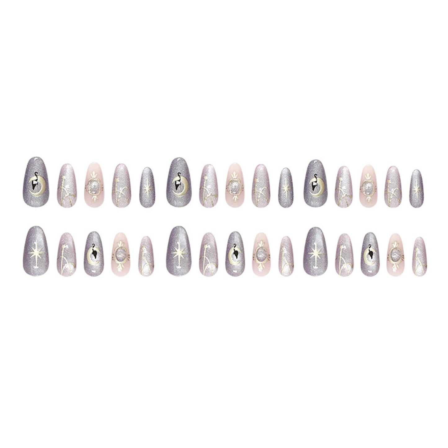 30Pcs Medium Almond Press on Nails Purple Magnetic Shimmer Designs Fake Nails Gold Star Moon False Nails Gold Irregular Lines Artificial Stick on Nails Glossy Full Cover Acrylic Glue on Nail for Women