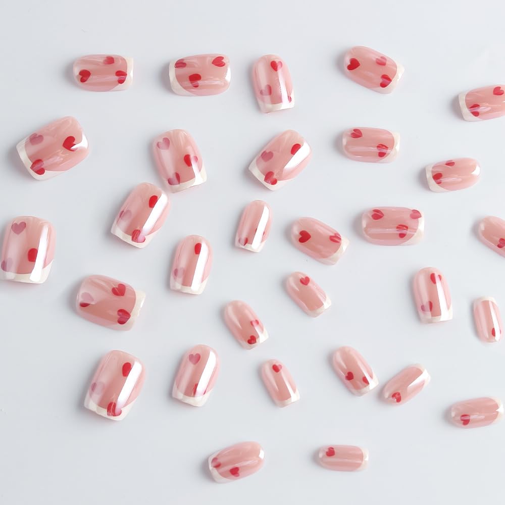 French Tip Press on Nails Short Square Fake Nails Red Heart False Nails with Glossy Metal Chrome Acrylic Nails Shiny Valentine's Glue on Nail for Women Manicure Decoration 30Pcs