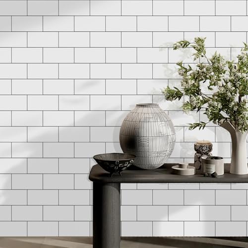 Vamos Tile 100-Piece Glossy Pure White Peel and Stick Backsplash Tile,3''x6'' PVC Subway Tile with Dark Gray Grout,Stick on Backsplash for Kitchen/Bathroom/Fireplace - color: Pure White