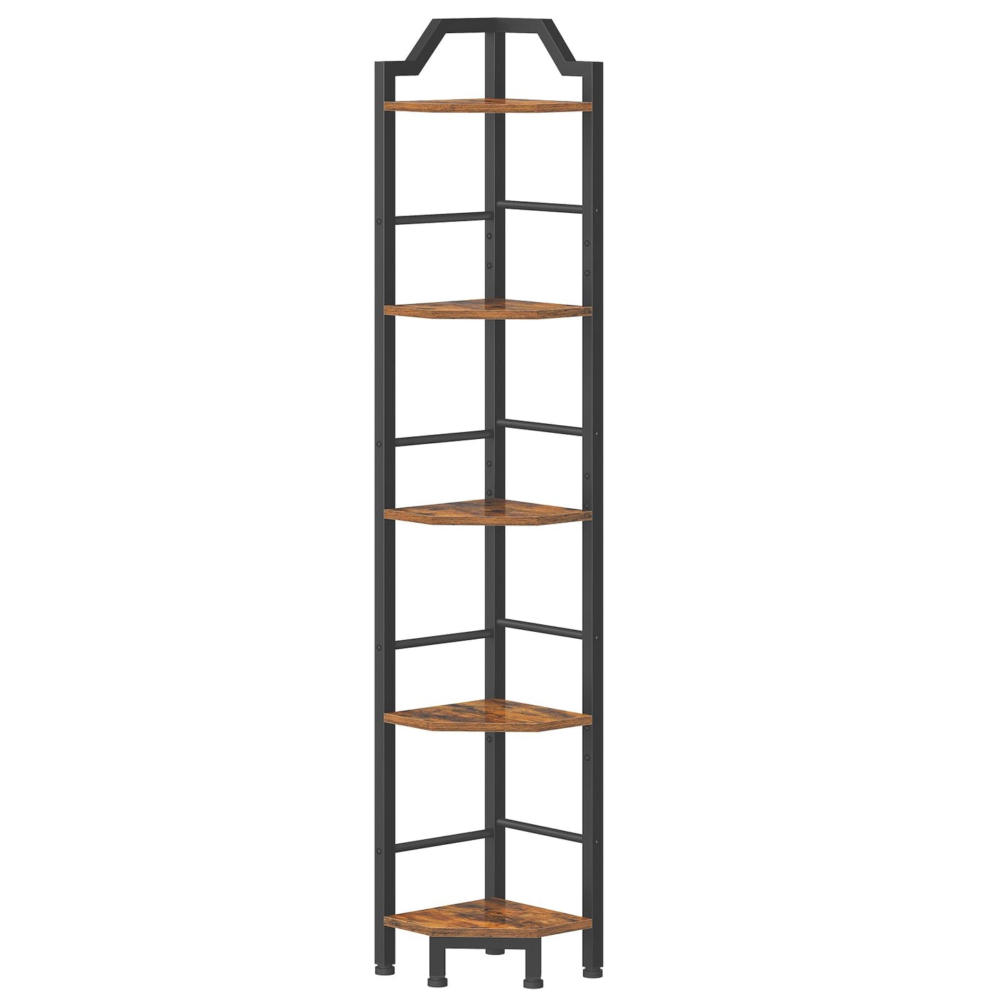 HOOBRO Narrow Corner Shelf Stand, 5-Tier Corner Shelf, 63” Tall Multipurpose Corner Bookshelf, Standing Display Shelf Plant Stand, for Living Room, Study, Kitchen, Rustic Brown and Black BF100CJ01