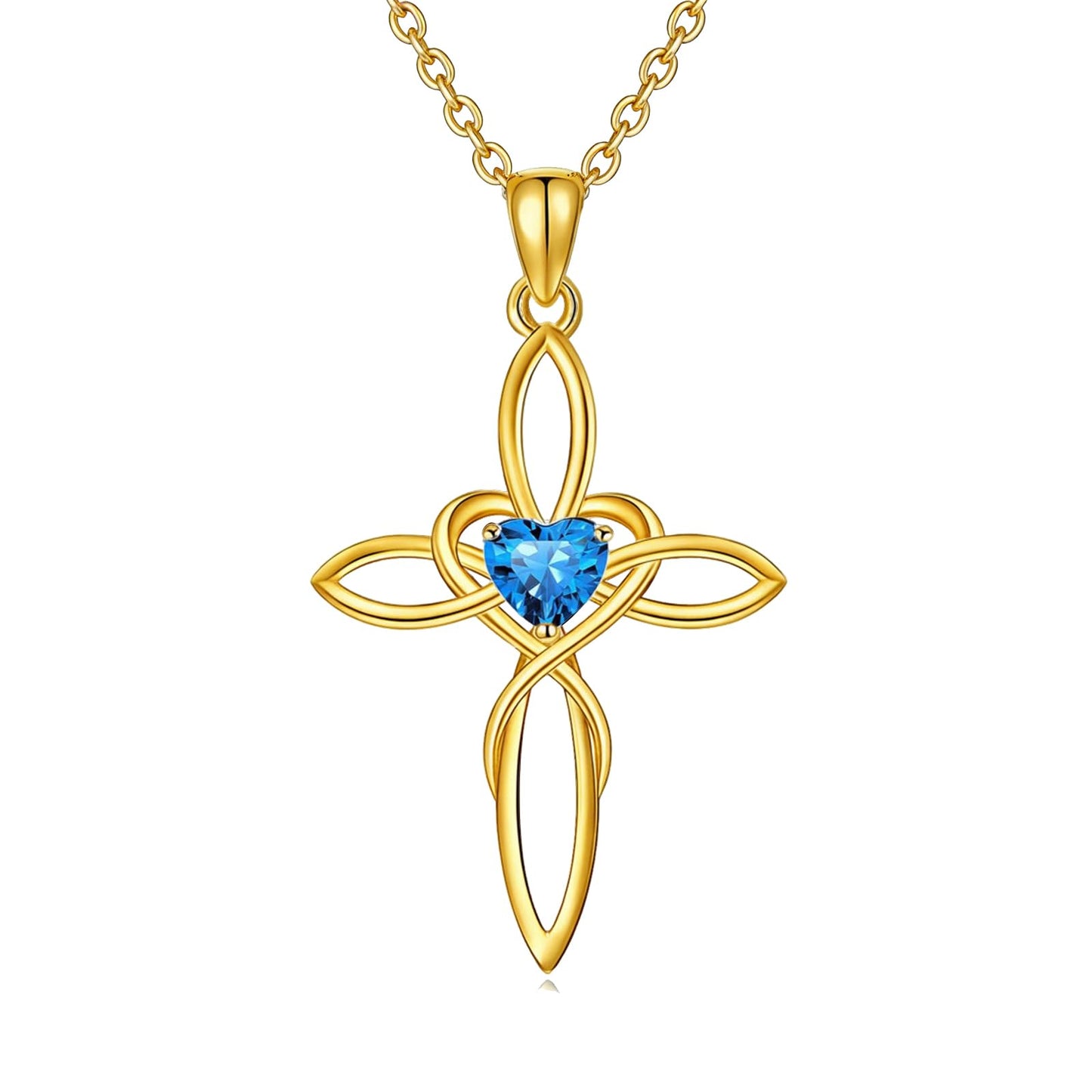 POIUY Celtic Knot Cross Birthstone Necklace for Women 14K Gold Irish Infinity Heart Pendant Cross Jewelry Anniversary Baptism Faith Valentines Birthday Mothers Day Gifts for Mom Wife Her