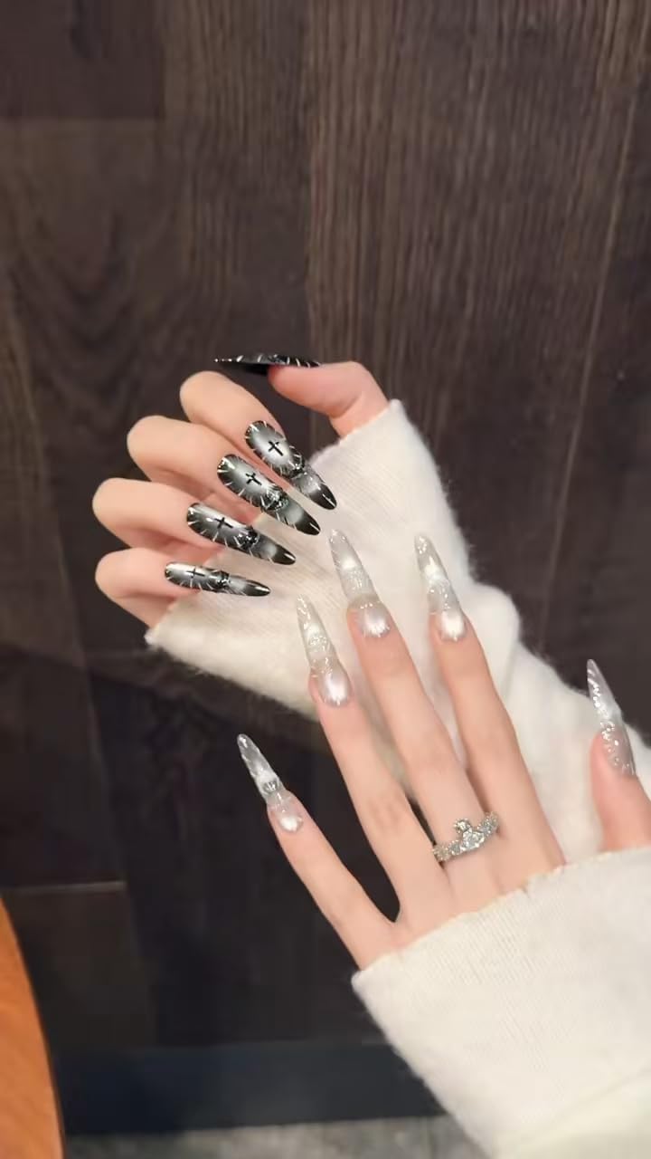 Gothic Fake Nails Set | Stiletto Almond Fake Nails with Silver Crackle & Black Gradient | Long Press on Nails for Women | Dark Aesthetic Nail Art(M)