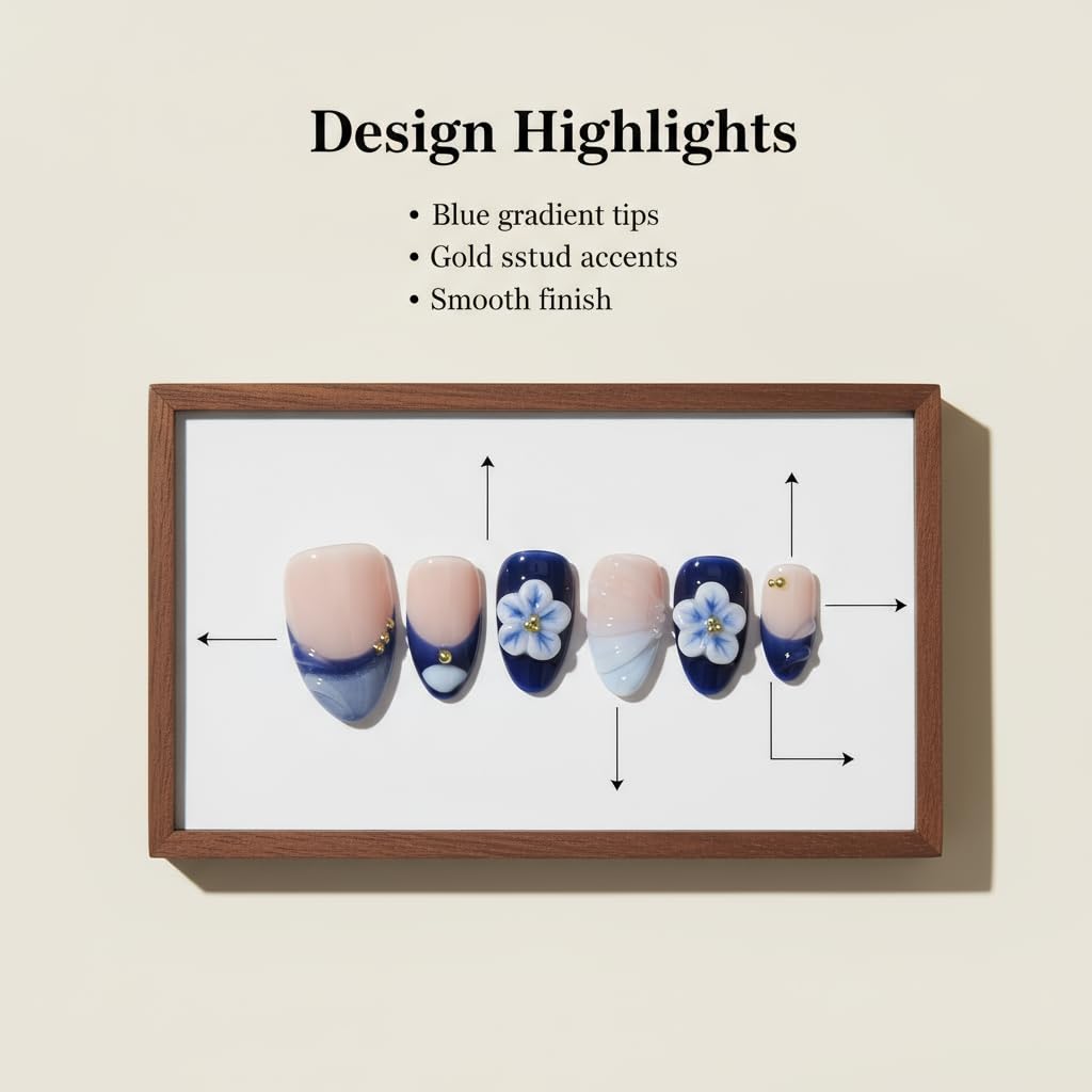 Almond Medium Handmade Press on Nails Fake Nails Blue French Tip with 3D Flower Designs luxury Glossy Cute Acrylic Nails for Women 10pcs (Size M）