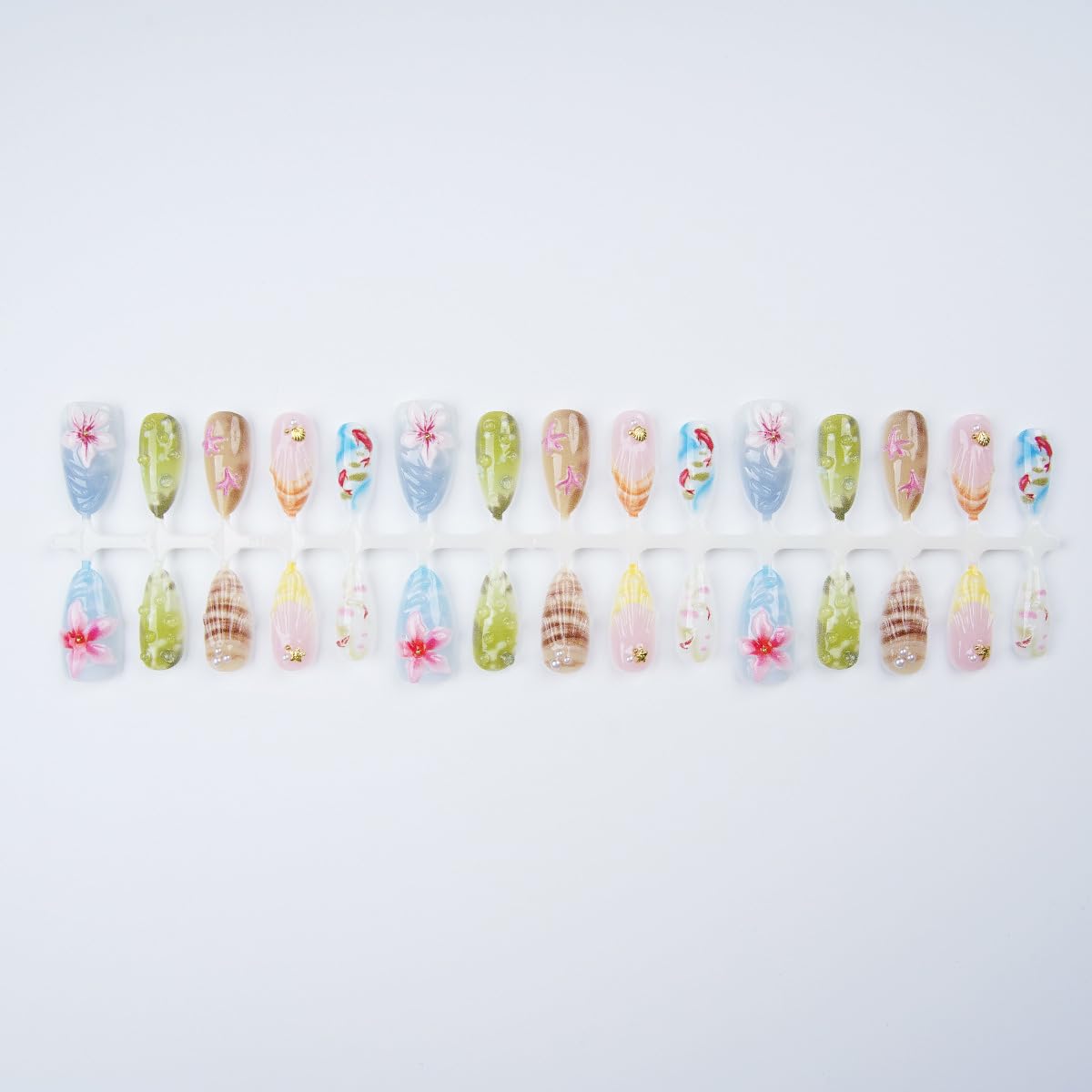 30Pcs Summer Press on Nails Medium Almond French Tip Fake Nails 3D Gold Shell Rhinestones with Flower Chinese Style Zen Ocean Designs Koi Fish False Nails Cute Stick on Nail for Women Acrylic Manicure