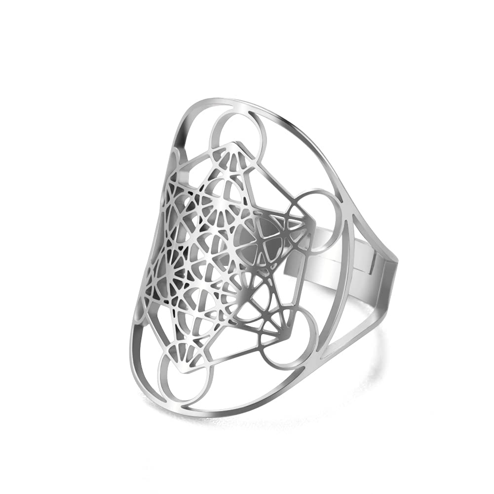 Amaxer Metatron's Cube Ring Archangel Metatron Protection Statement Hollowed Out Womens Stainless Steel Open Band Ring Jewelry