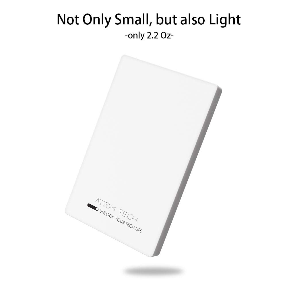 Attom Tech Dual USB Output Super Slim Power Bank Ultra Thin, 3000mAh Portable Charger Mini External Phone Battery Pack Small Dual Outlet, Emergency Phone Power Backup (White)