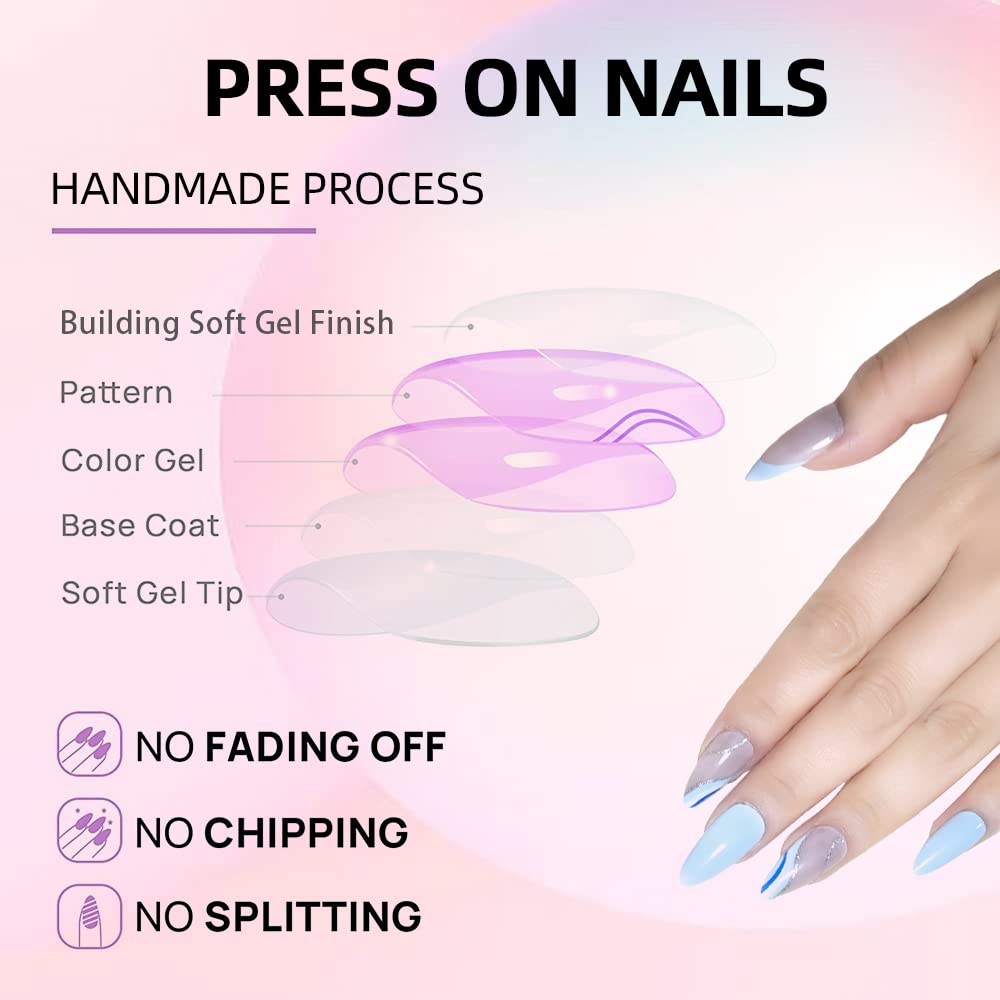 24 Pcs Press on Nails Medium,Lucoffeoi Almond Fake Nails with Nail Glue Almond and Square on Nails Set with Adhesive Tabs File Nails Tips for Women Girls Kids