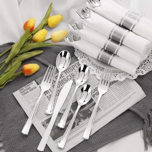 200Guests Pre Rolled Silver Plastic Silverware Sets - Heavy Duty Silver Cutlery - Include 200 Pack Wrapped Disposable Utensils with Napkins for Parties & Dinners & Weddings - color: 200Pack - Silver