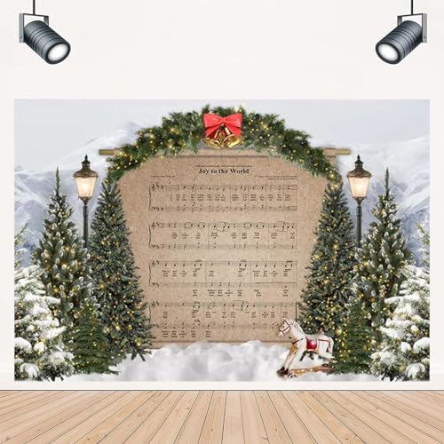 Merry Christmas Joy to The World Sheet Music Photography Background Snow Scene Mountain Christmas Tree Backdrops Xmas Party Supplies Family Kids Party Banner Merry Backdrop,5x3feet - size: 5x3feet
