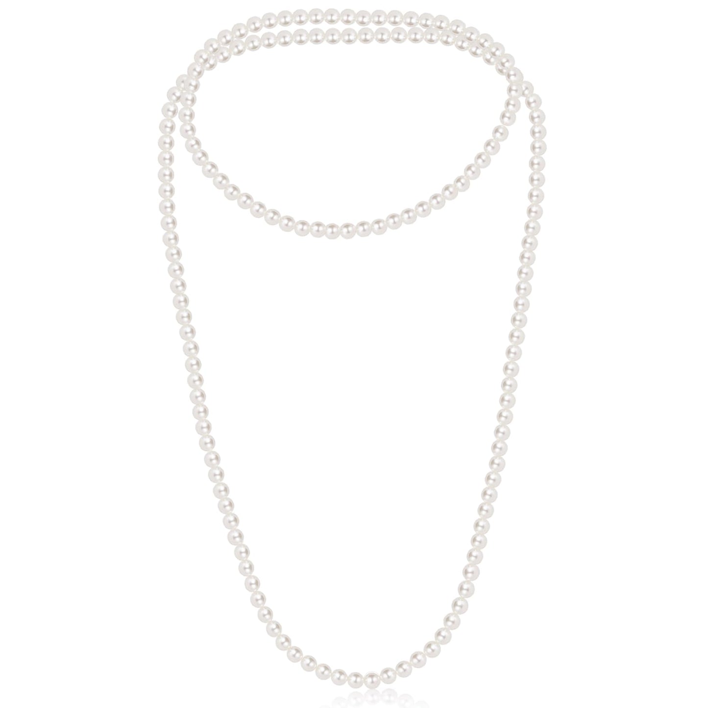 150cm Long Fake Pearl Necklace, 8mm Plastic Pearls Layered Choker for Women, Elegant Imitation Pearl Strand for Wedding, Halloween, Costume Party (White)