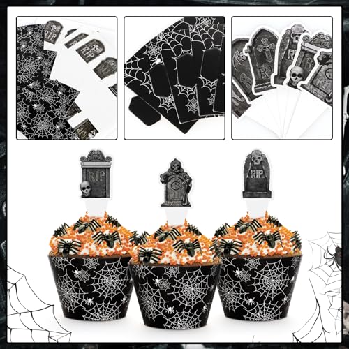 48 Pack Halloween Cupcake Toppers and Black Spider Web Wrappers, Tombstones Skeleton Cupcake Picks Decoration for Halloween Party Birthday Party Supplies - style: Halloween