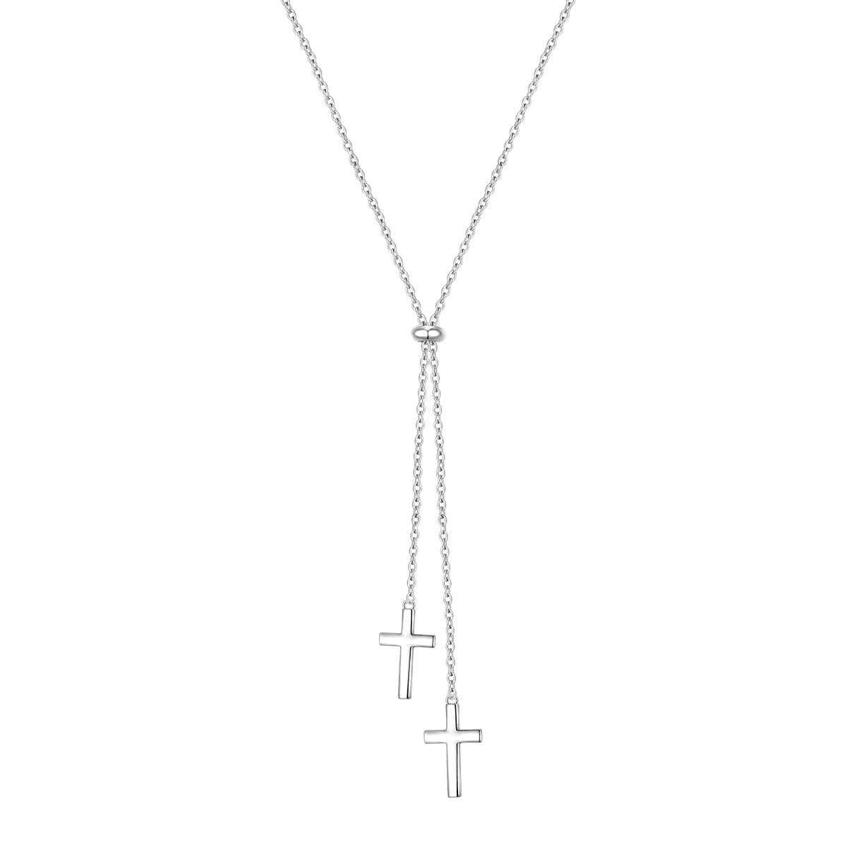 FLYOW Long Chain Dainty Necklace Simple Style 925 Sterling Silver Heart Pendant Adjustable Y Shaped Necklace Jewelry (Cross)