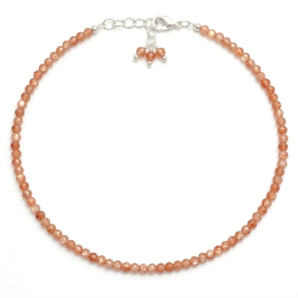 Gempires Handmade Sunstone Gemstone Beaded Bracelet for Women | 2.4–2.5 mm Faceted Natural Stone | Adjustable 7+1 Inch Silver Plated Chain | Dainty Minimalist Stacking Jewelry | Orange Sparkle Stone Gift