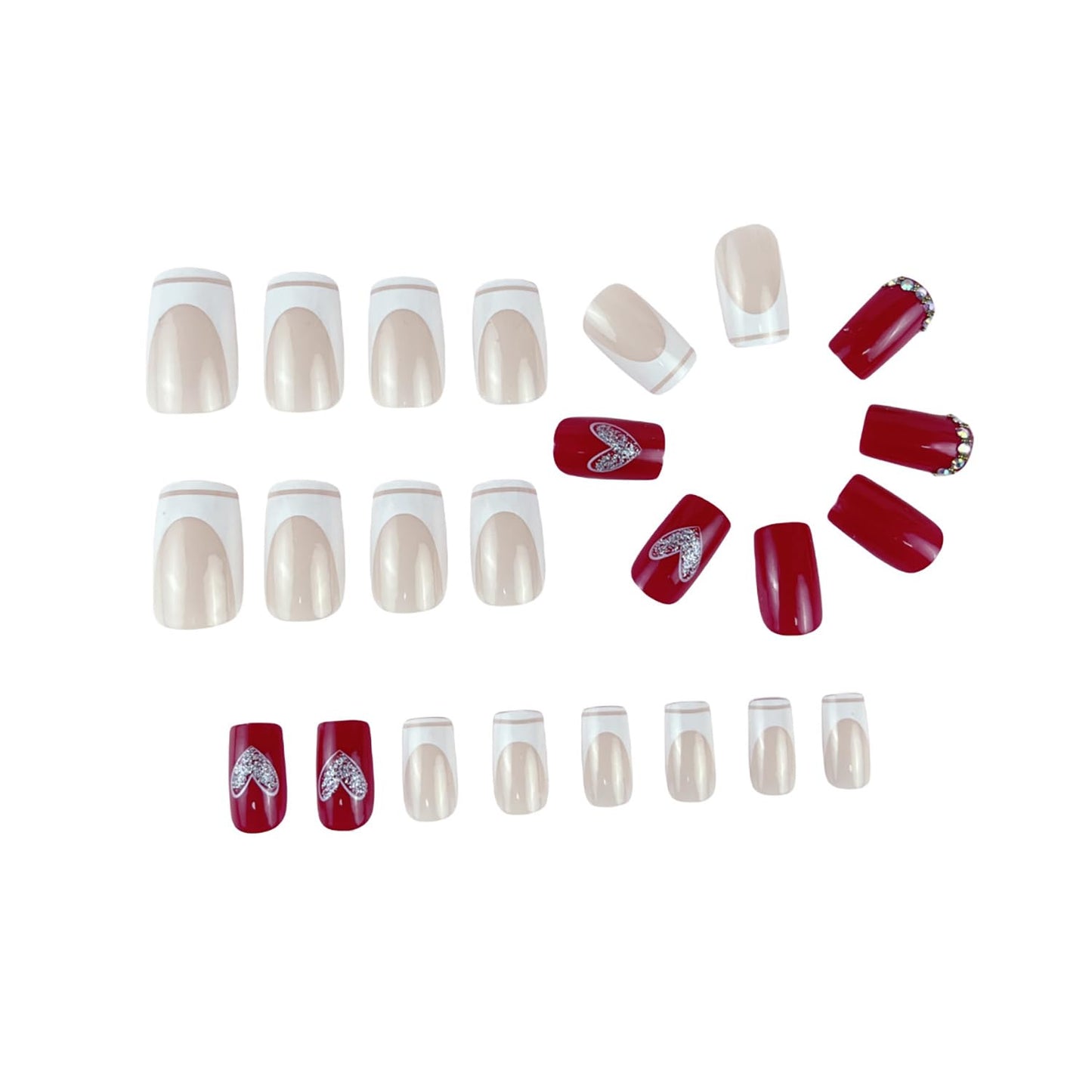 Heart Press on Medium Square Artificial Acrylic Nails Love Heart False Nails Glitter Rhinestones Design White French Fake Full Cover Glossy Reusable Coffin Glue on Nails for Women