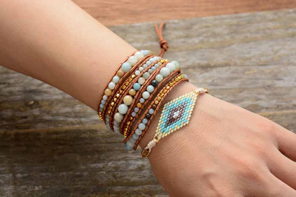ZOSOJONA Handmade Boho Wrap Bracelet For Women Adjustable Nature Stone Turquoise Crystal Beaded Bracelets