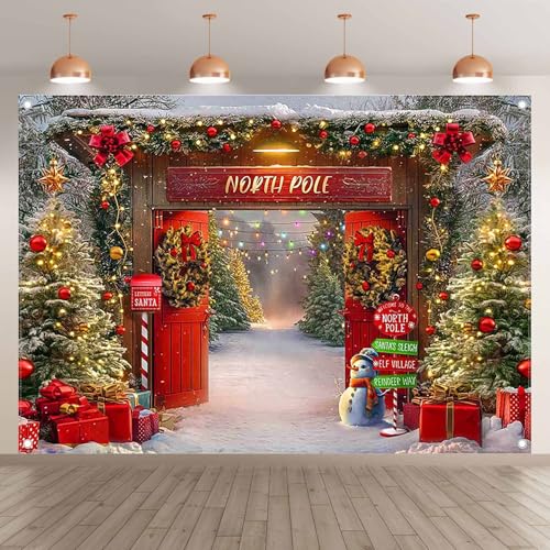 7x5ft Fabric Christmas Backdrop Winter Forest Wooden Barn Door North Pole Snowy Xmas Tree Photography Background Family Holiday Party Decor Photo Props - size: 7'x5'