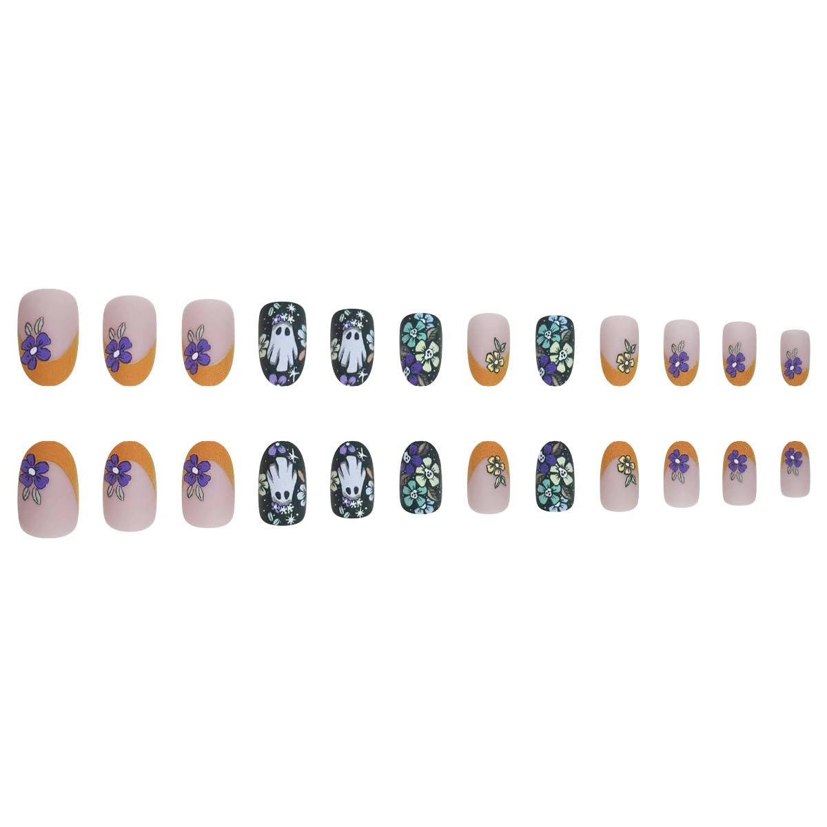 Almond Press on Nails Halloween Fake Nails Matte False Nails Press ons with Ghost & Flower Design - Reusable Artificial Nail Full Cover Glue on Nail Stick on Nails for Women Manicure 24 Pcs