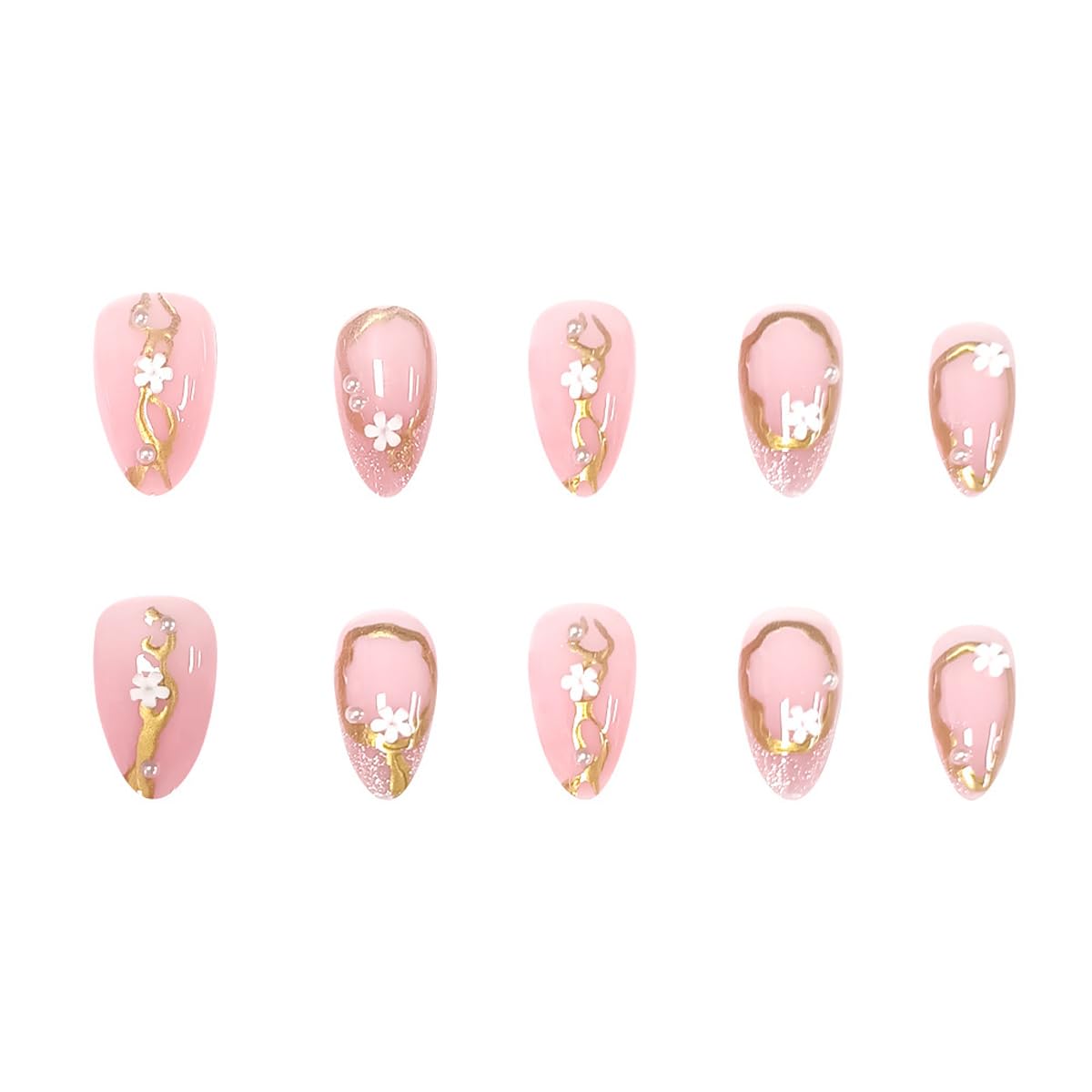 Spring Press on False Nails Glitter French Tip Fake Nails Medium Almond Glue on Nails with Flower Gold Chrome Pearl Designs Press ons Stick on Nail for Women Manicure 30Pcs
