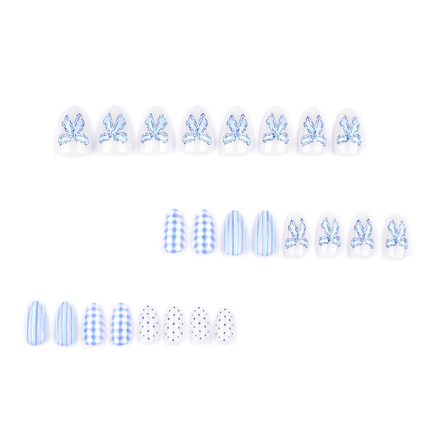 LWTZLW Polka Dots Press on Nails Short Almond False Nails with Bow Plaid Stripes Design Full Cover Glue on Nail Blue Summer Reusable Acrylic Fake Nails Glossy Artificial Stick on Nail for Women