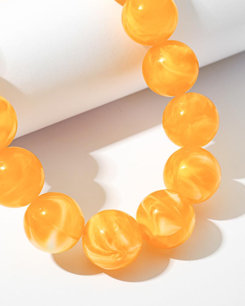 FAUTHENTICUTE Swirled Yellow Beaded Necklace for Women Chunky Resin Bead Strand Necklace Boho Yellow Polished Round Beads Statement Collar Summer Beach Jewelry Gifts
