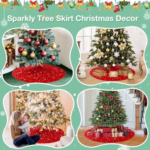 Red Christmas Tree Skirt Glitter Sequin Tree Skirt 36 Inch Red Christmas Tree Decorations Sparkly Tree Skirts Collar Luxury Velvet Tree Skirts for Xmas Tree Holiday Decorations
