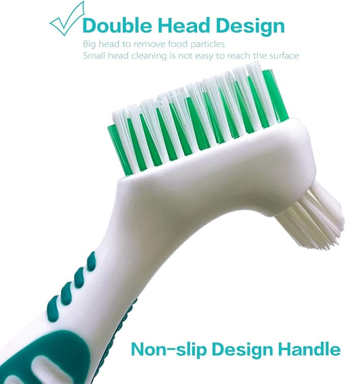 Denture Cleaning Brush Set with Dustproof Denture Brush Holder - Denture Brush Toothbrush Set for Denture Cleaning Care - Multi-Layered Bristles & Ergonomic Rubber Handle (Blue & Green)