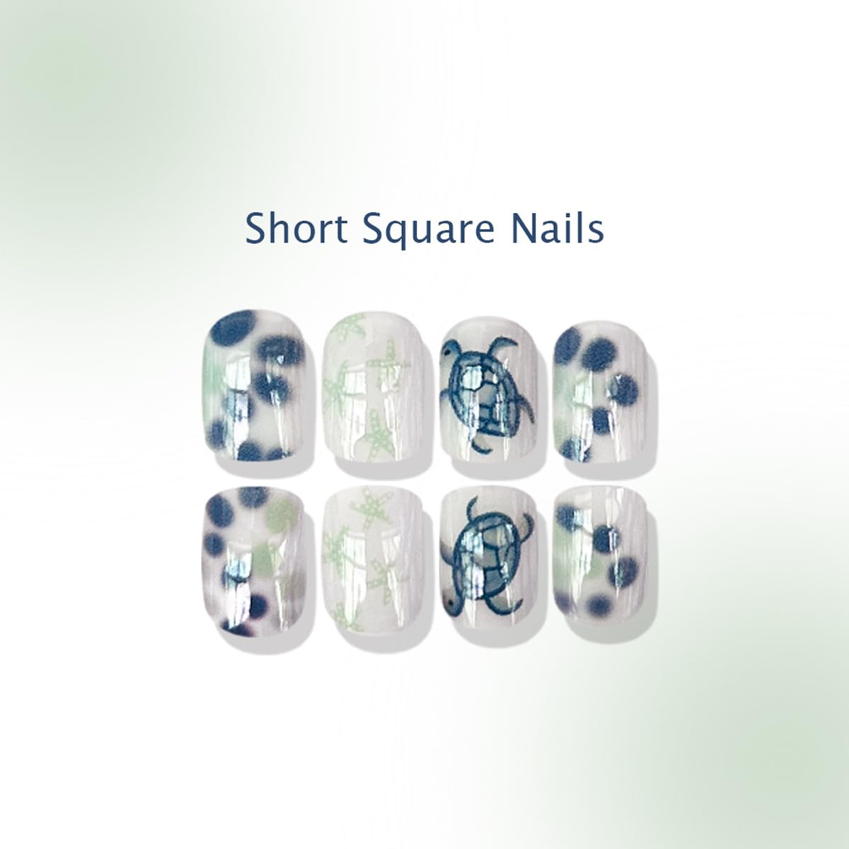 Summer Beach Press on Nails Short Square Fake Nails White Blue Nails Press ons with Starfish Turtle Design Reusable Artificial Nail Full Cover Glue on Nail Stick on Nails for Women Manicure 24 Pcs