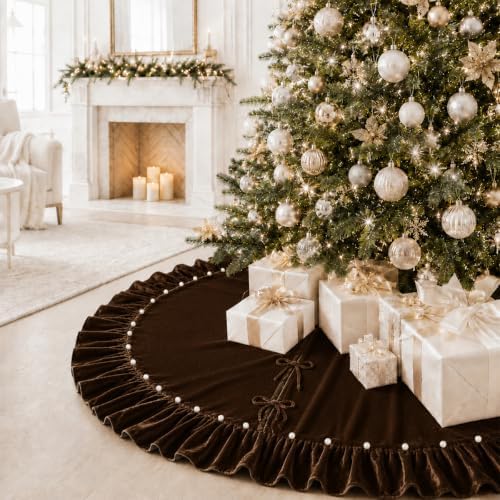 Christmas Tree Skirt,Velvet Tree Skirt with Ruffled Edge with Pearls, Classic Large Velvet Fur Plush Tree Skirt for Merry Christmas(Brown,60Inch)