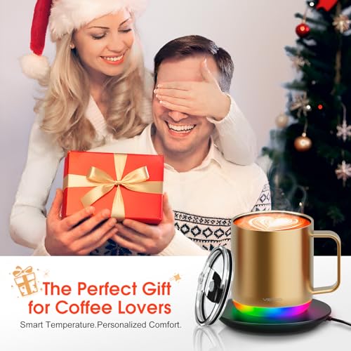 Vsitoo S6 Plus Smart Coffee Mug, 12oz,Temperature Controlled Mug & Electric Coffee Mug with Music Sync Lights，Auto-Sensing AI Heats Drinks to 120-150°F Hands-Free. Ideal for Home/Office/Gifts - Gold - color: Gold