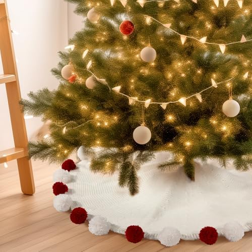 WBHome Christmas Tree Skirt, 48 inch Cable Knit Knitted Thick Rustic Holiday Decoration, Candy Cane