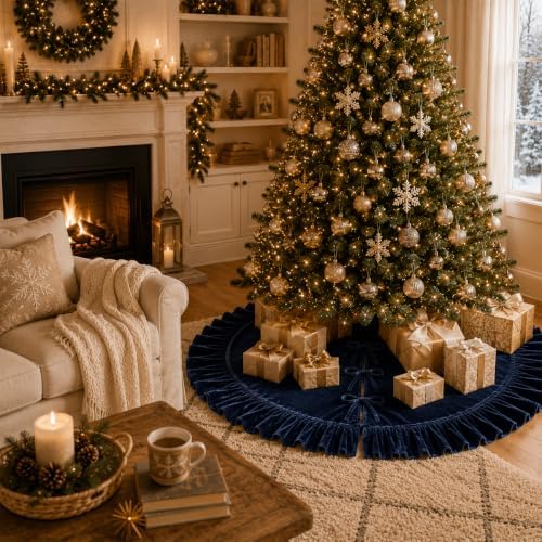 Christmas Tree Skirt,Velvet Tree Skirt with Ruffled Edge, Classic Large Velvet Fur Plush Tree Skirt for Merry Christmas(Nevy,36Inch)