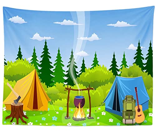 BELECO 7x5ft Fabric Camping Backdrop Cartoon Forest Scene Bonfire Campfire Party Camp Tent Little Lumberjack Birthday Banner Camper Backdrop Camping Theme Party Decoration Outdoor Adventure Photo Prop - size: 7x5FT