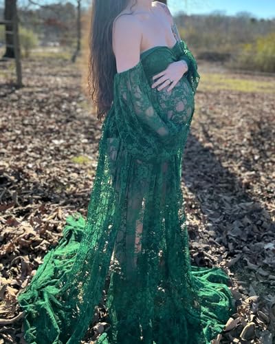Saslax Soft Stretchy Lace Off Shoulder Doubly Split A-line Skirt Maternity Dress Pregnancy Maxi Gown for Photoshoot - color: Green, size: Small