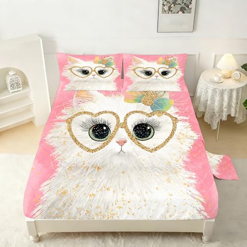 Girls Cat Themed Fitted Sheet Set Full Size Pink Glitter Cat with Heart Glasses Print Sheet Set Kawaii Bow Kitten Bedding for Kids Toddler Bedroom 1 Fitted Sheet + 1 Flat Sheet + 2 Pillowcases - color: Cat 09, size: Full